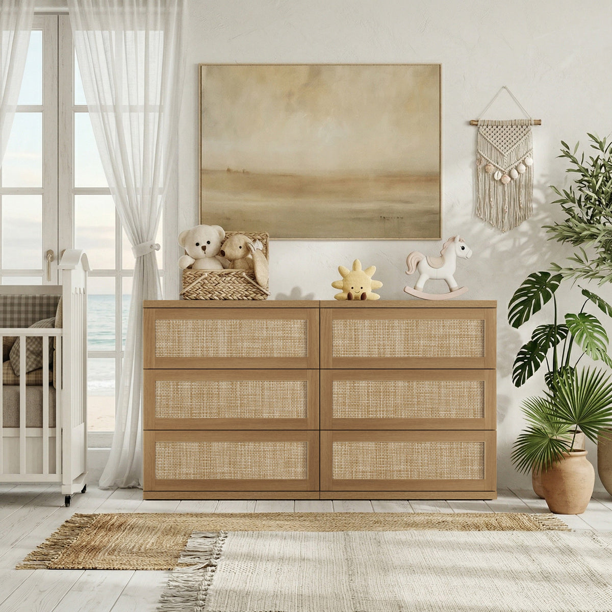 Zura Modern Rattan 6 Drawers Dresser, Straight Edge