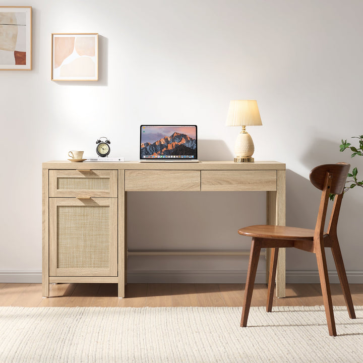Savanna 55-Inch Wide Vanity Table, Makeup Storage - Reclaimed Caramel Oak - 2 Pieces