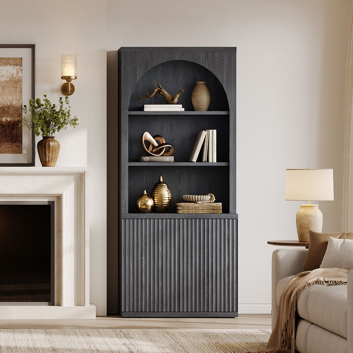 Stria Arched Bookcase with Fluted Cabinet Doors, Set of 2