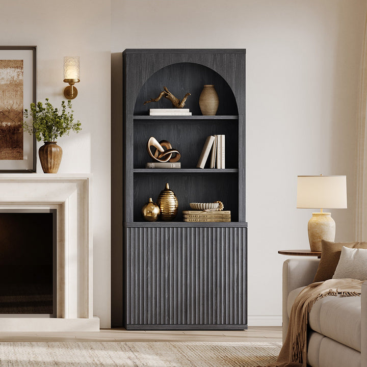 Stria Arched Bookcase with Fluted Cabinet Doors, Set of 2