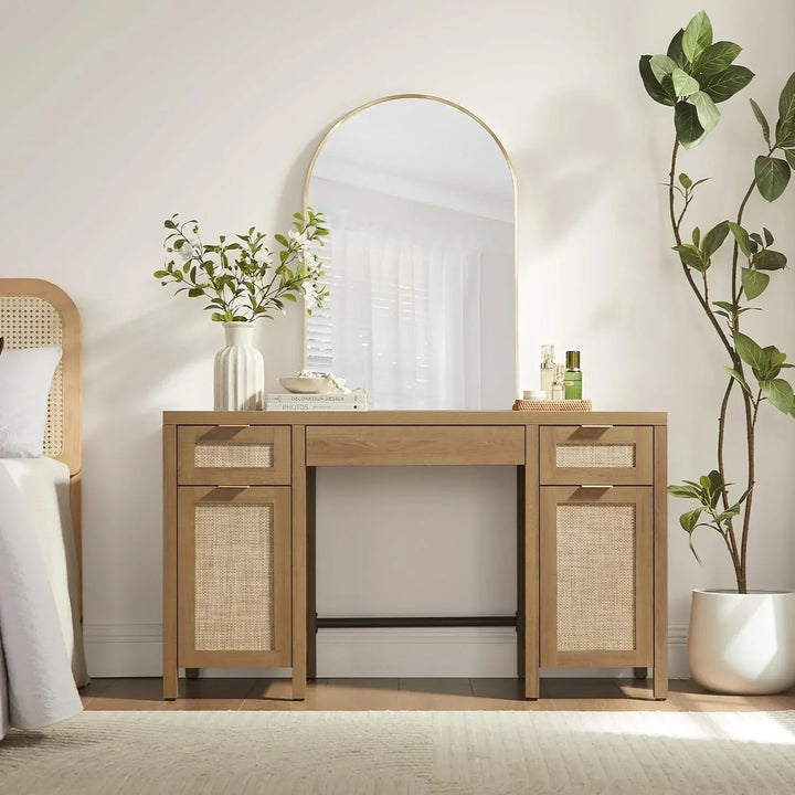 SICOTAS Modern Rattan Vanity Table with Drawers and Storage Cabinets, BOHO Vanity Desk with Drawers, Farmhouse Wood Table for Room