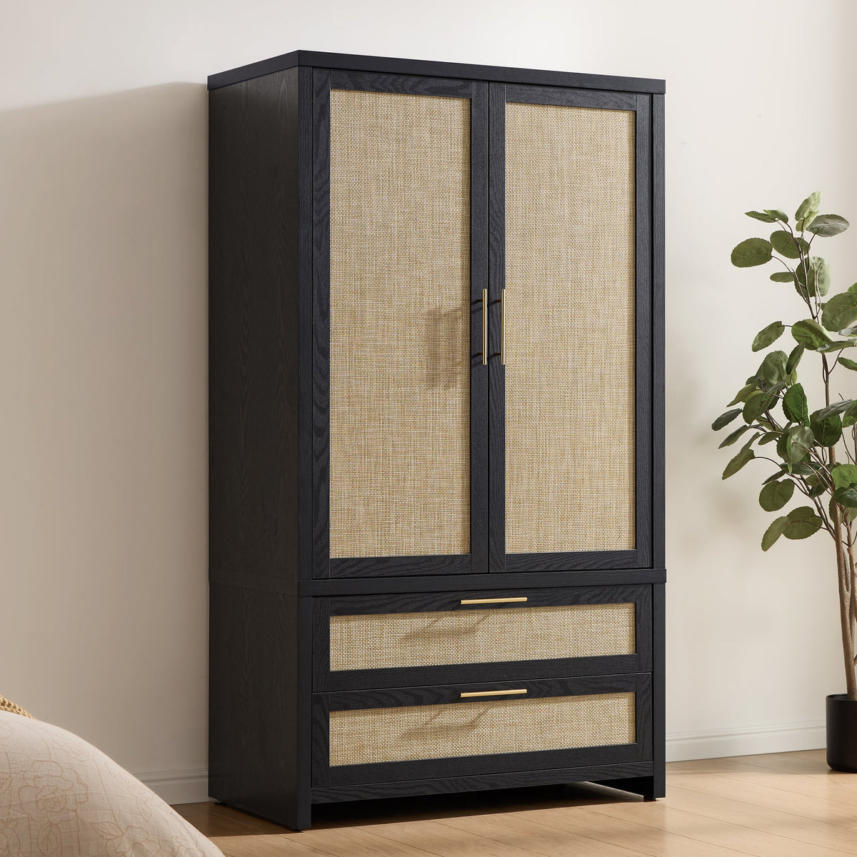Savanna Rattan Wardrobe, 2 Drawers - 3 Pieces - Reclaimed Light Oak