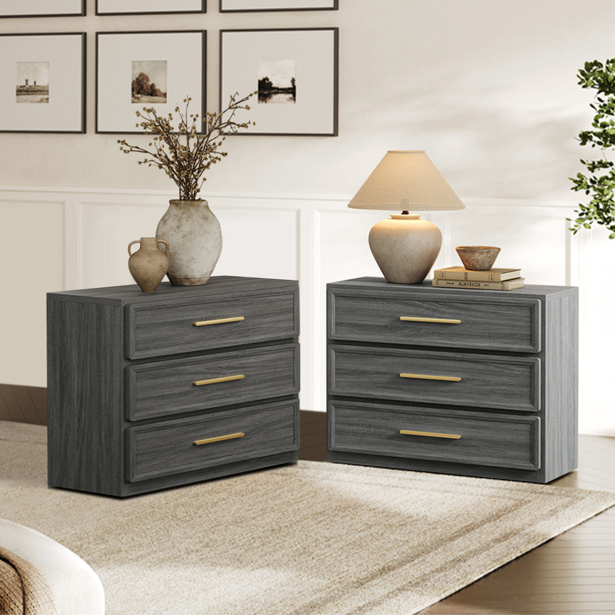 Crescent Nightstand with 3 Drawers for Bedroom, Set of 2