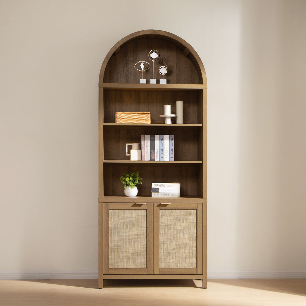 Savanna Arched Bookcase with Storage - 1 Piece - Reclaimed Caramel Oak