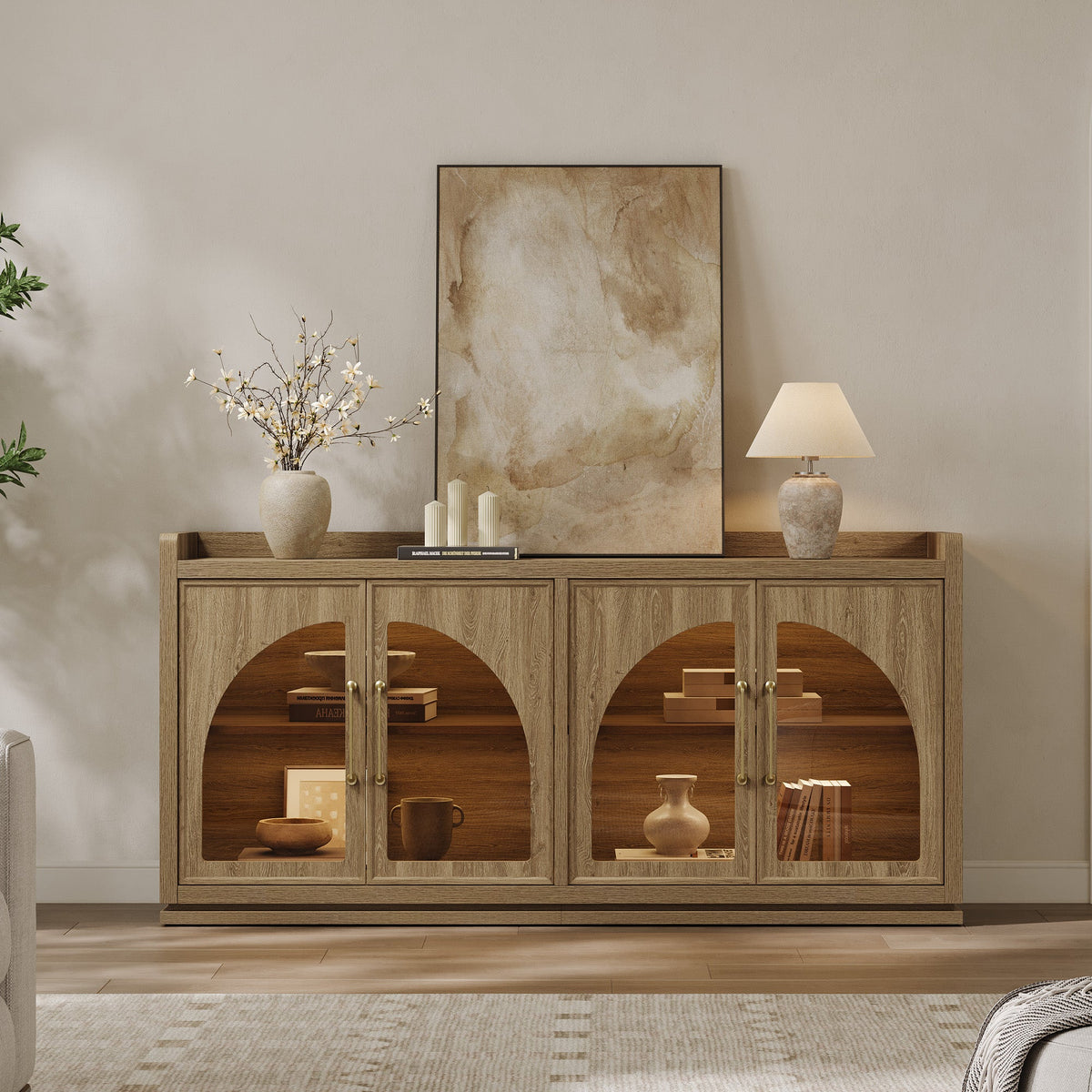Helio Sideboard with Glass Doors and Light, Brown Oak, 2 Pieces
