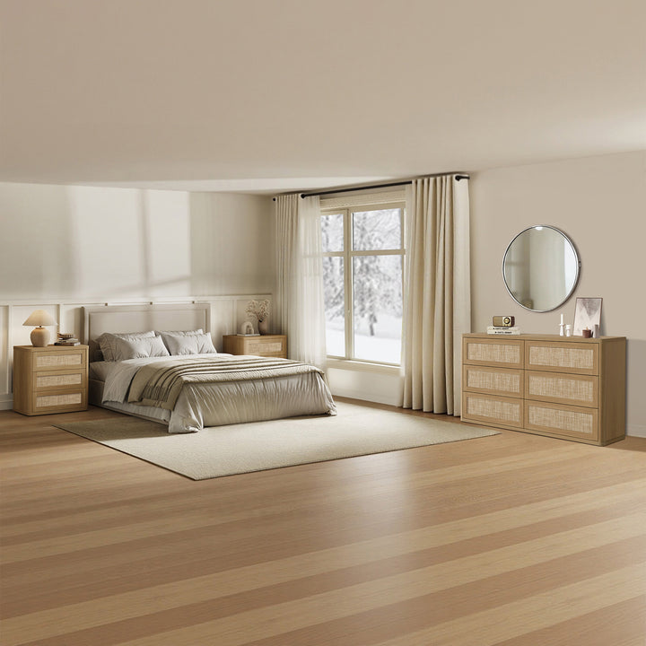 SICOTAS Zura Modular 3 Piece Bedroom Sets Dresser and Nightstand Set, Amber Oak Rattan 6-Drawer Dresser and 3-Drawer Nightstand Sets for Home
