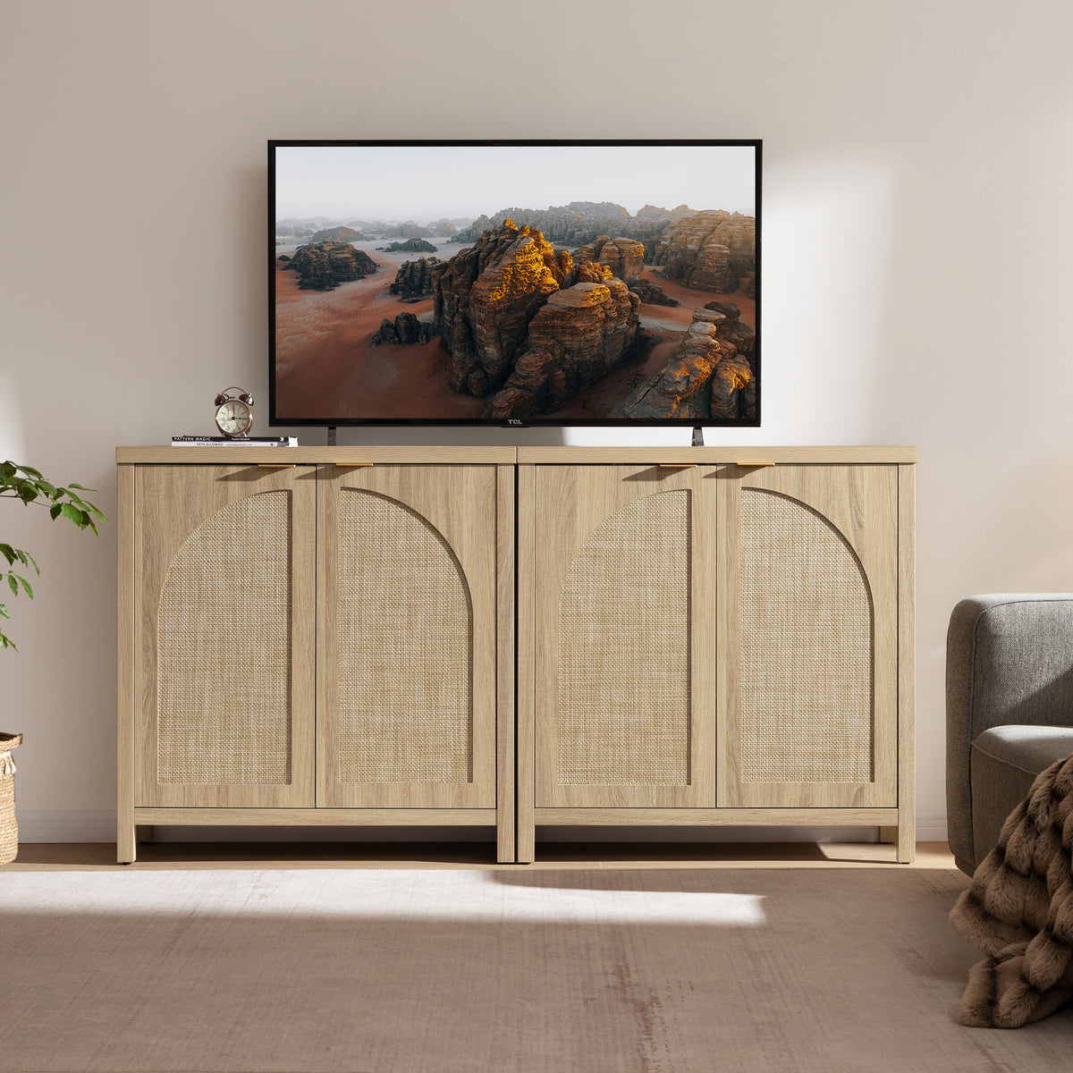 Savanna Rattan TV Stand with Arched Doors, Set of 2