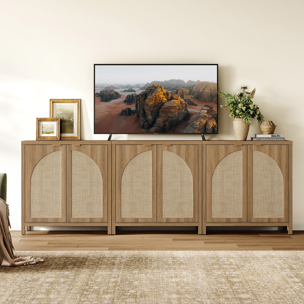 Savanna Rattan TV Stand with Arched Doors up to 100Inch TV, Set of 3