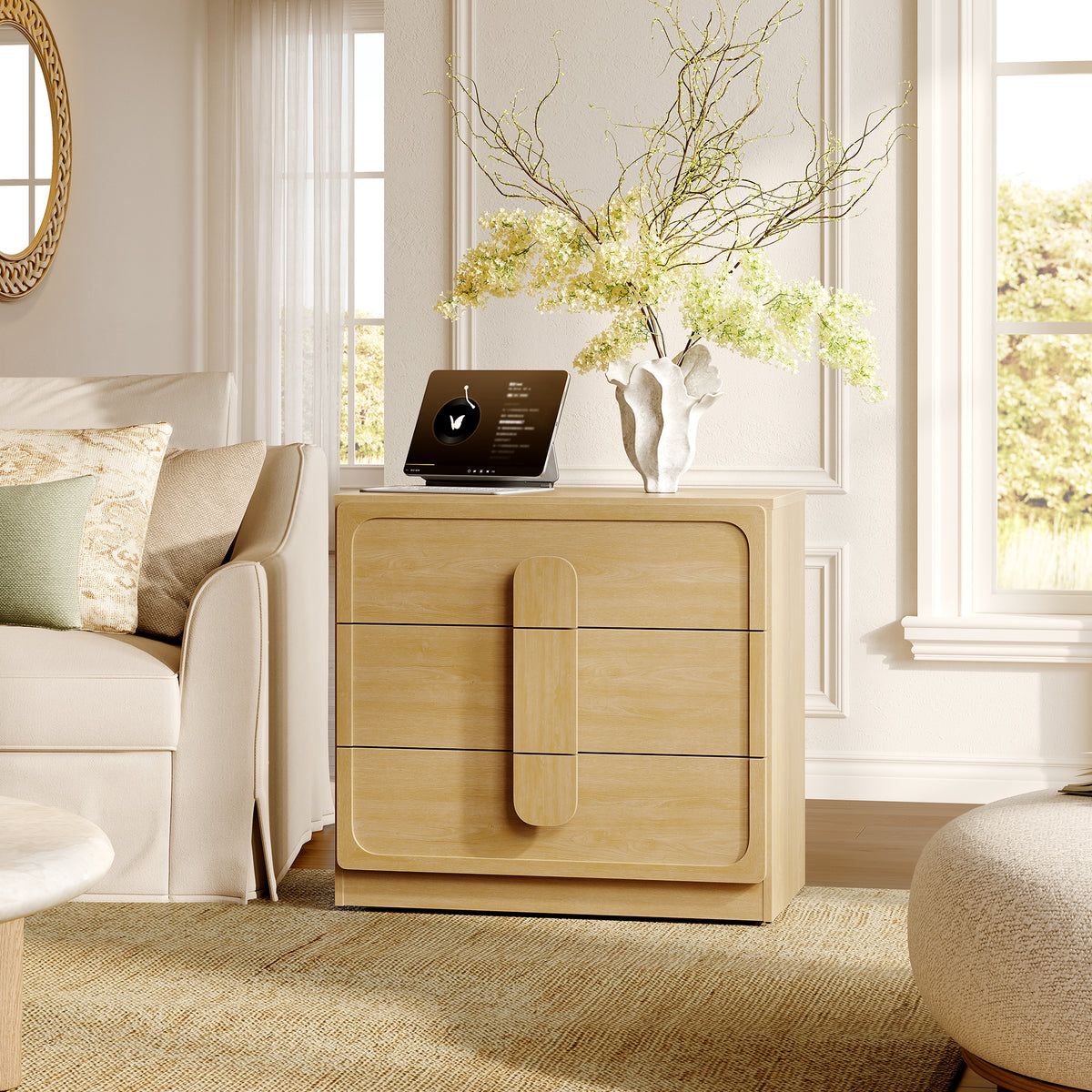 Arcus Nightstand with 3 Drawers, Arched Handles