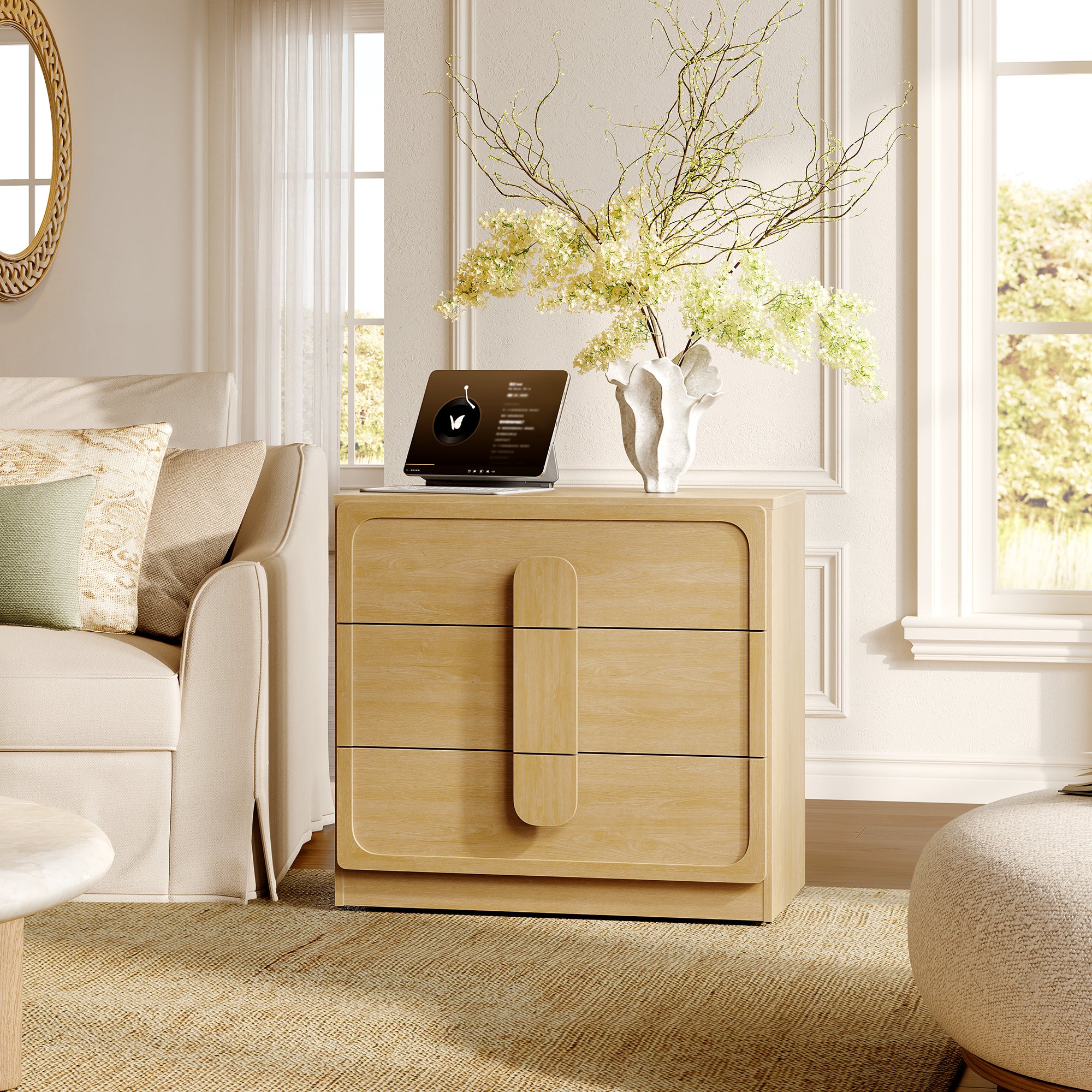 Arcus Nightstand with 3 Drawers, Arched Handles
