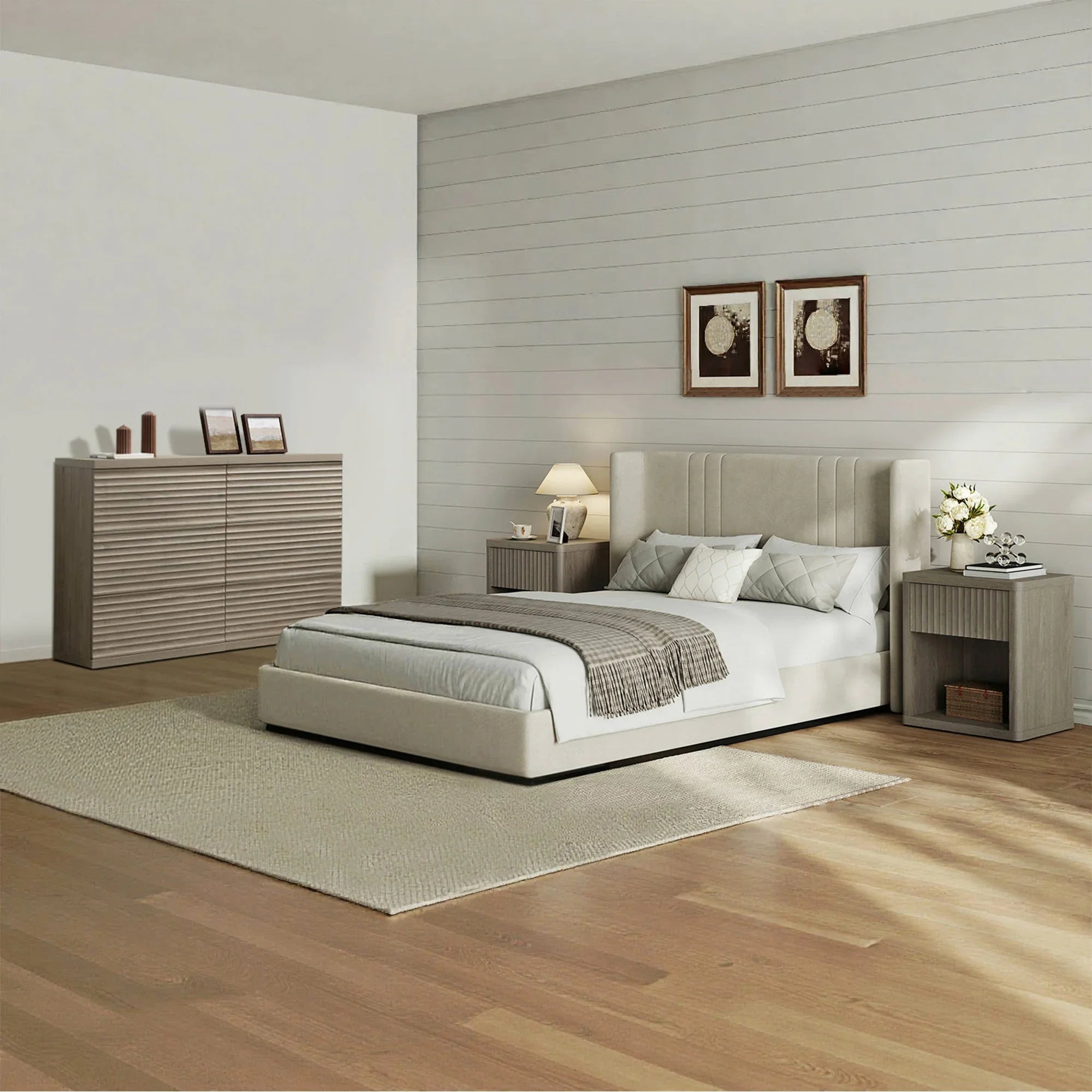 SICOTAS 3 Piece Dresser and Nightstand Set, Modern Modular 6 Drawers Dresser and Nightstand with Drawer, Fluted Drawer Design Storage Bedroom Sets