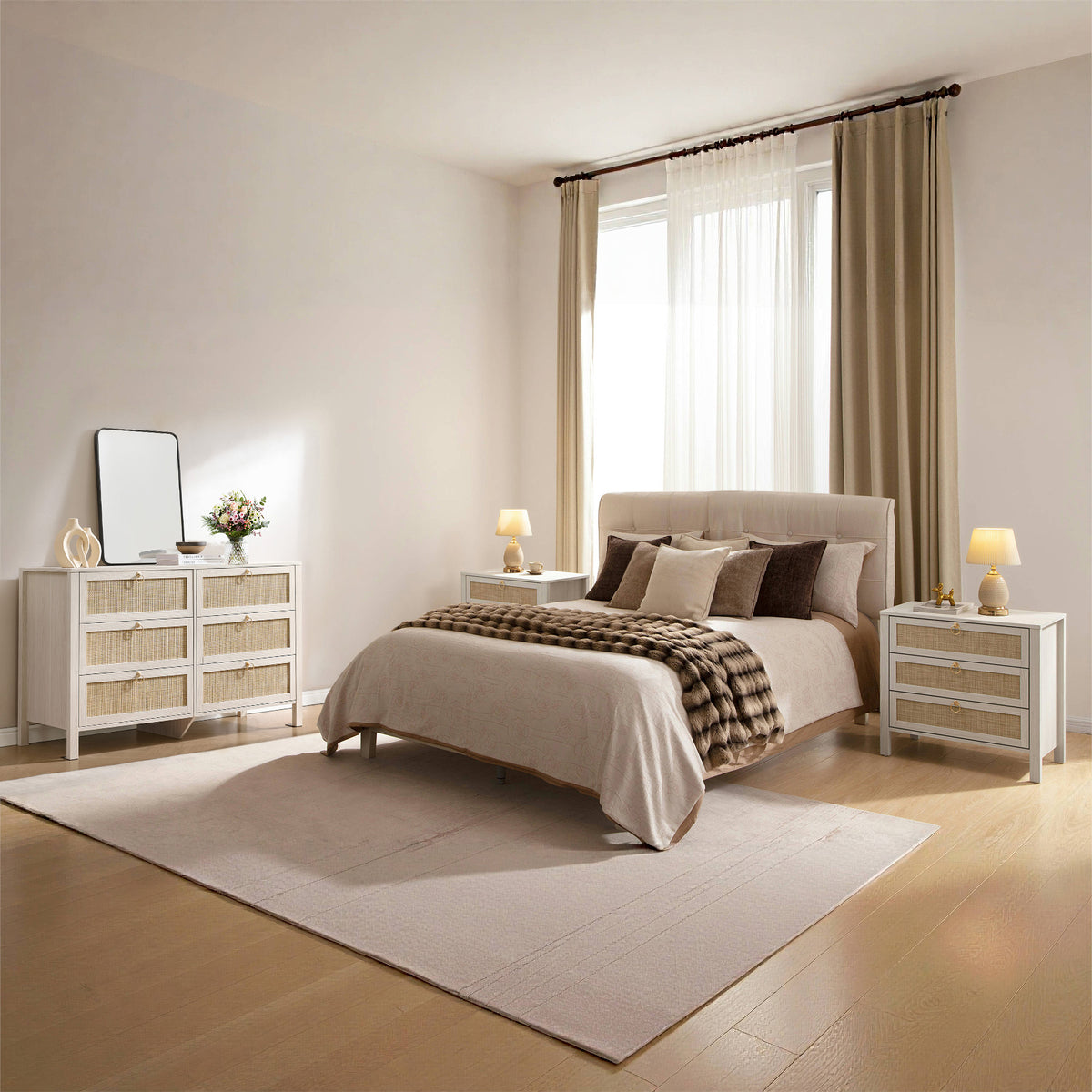 Terra 6 Drawers Dresser And Nightstands Sets, Golden Handle