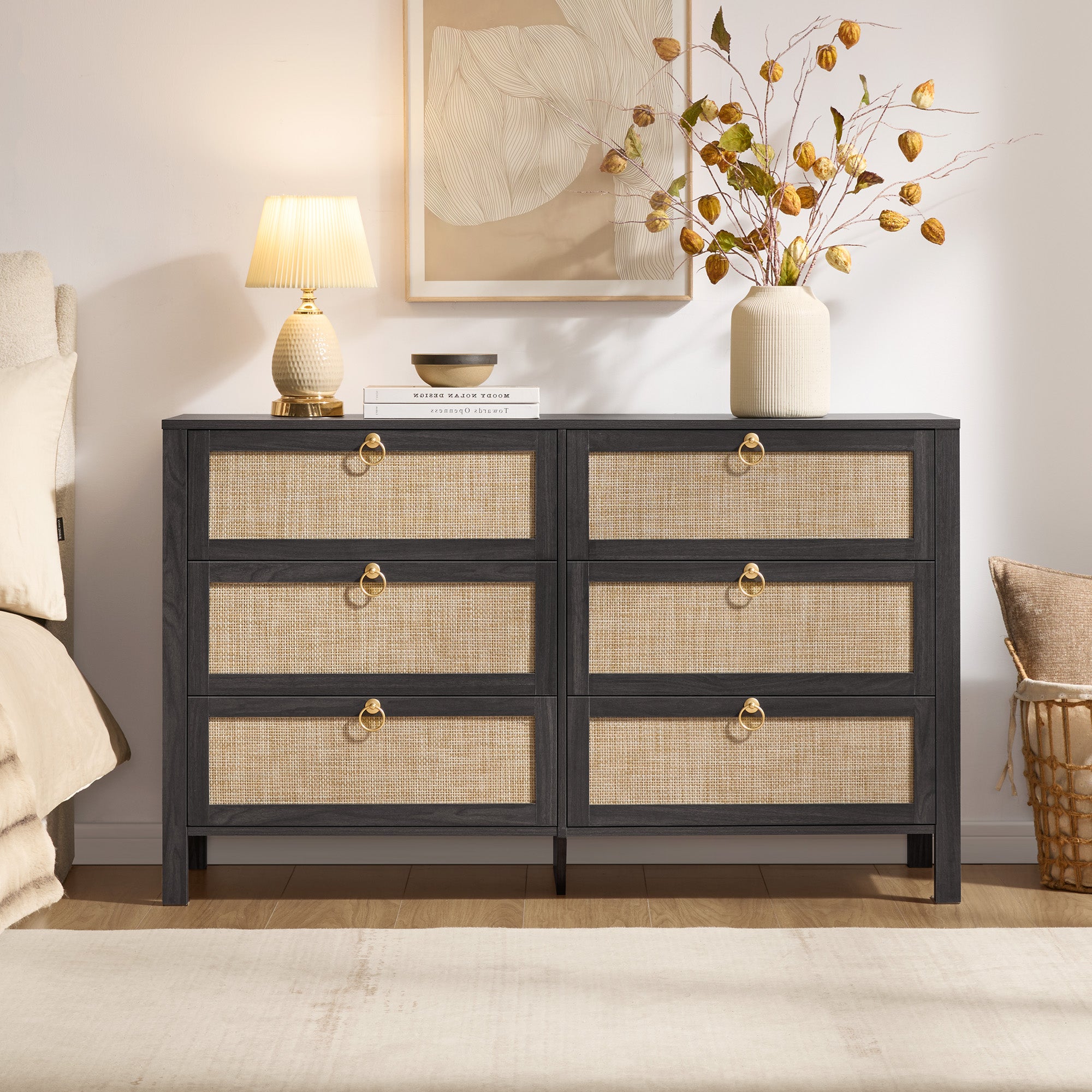 cane dresser Cara 6 Available in two color Terra Black Dresser, 6 Drawers