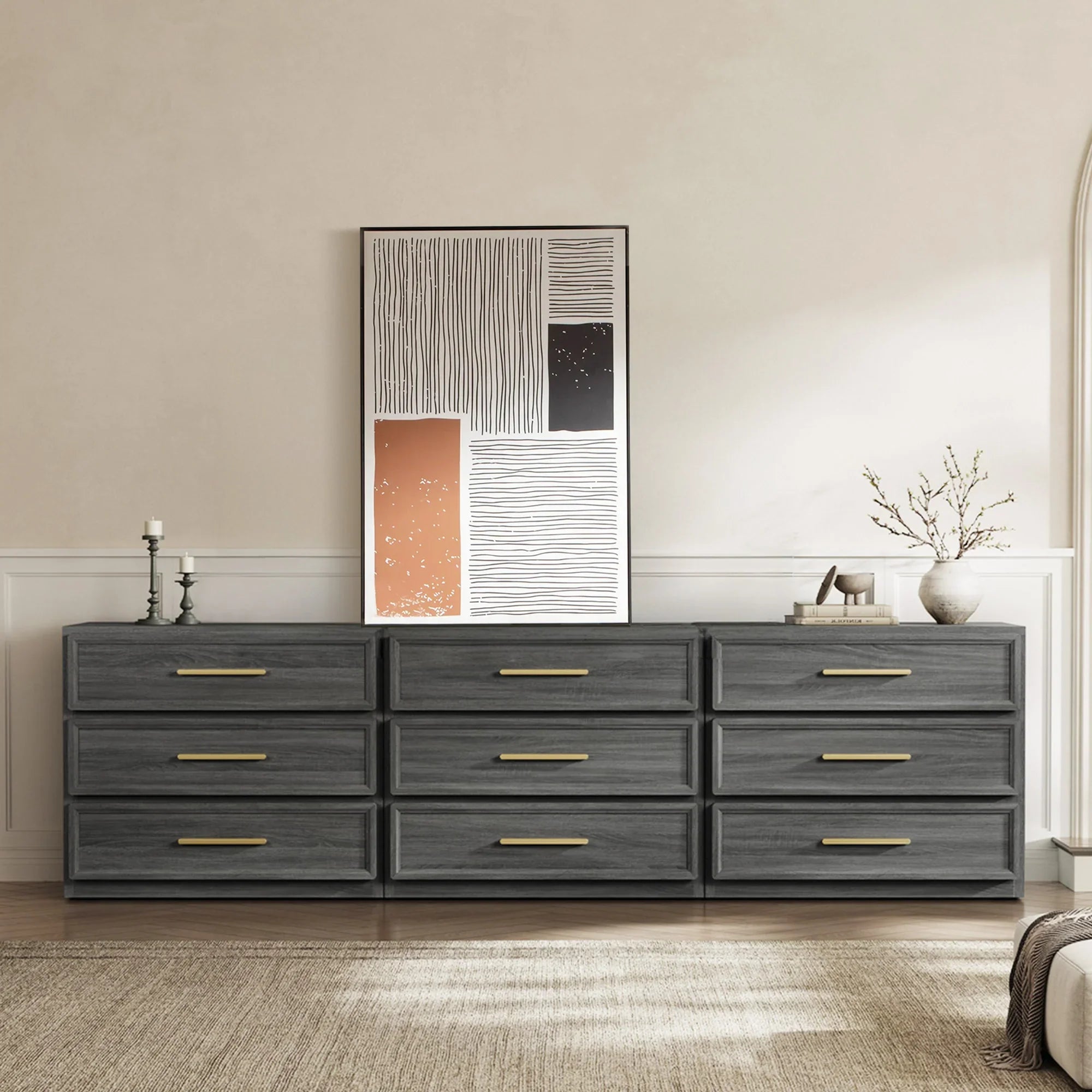 modern 9 drawer dresser SUCSSRICH 62 Inch Solid Wood Dresser, Mid Century Wide for Bedroom, 3 Column Wooden Chest of Drawers, Natural Finish close runners ensure drawers open and close smoothly and quietly Crescent Modular Dresser with Drawers
