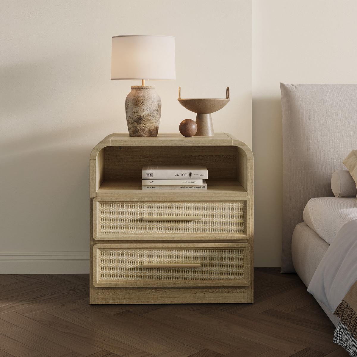 Crescent Rattan Nightstand with 2 Drawers, 25Inch Wide