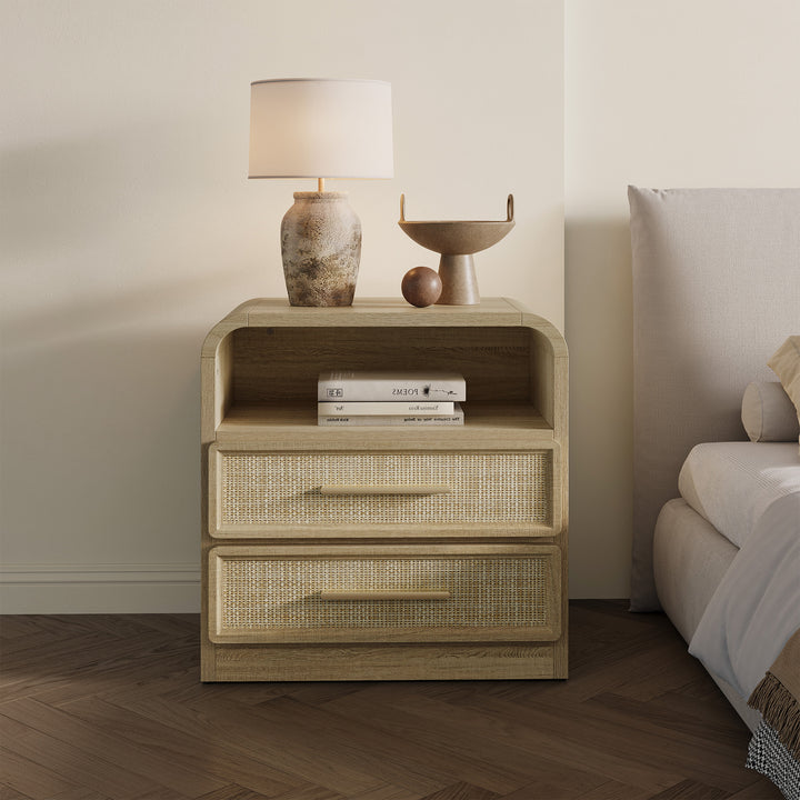 Crescent Rattan Nightstand with 2 Drawers, 25Inch Wide