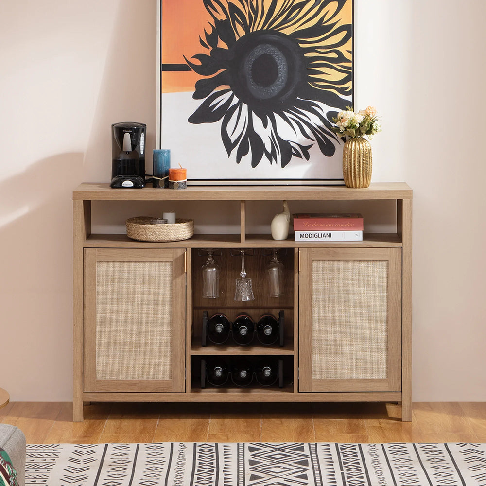Wood sideboard with wine rack, coffee maker, flowers, and sunflower wall art in a modern room