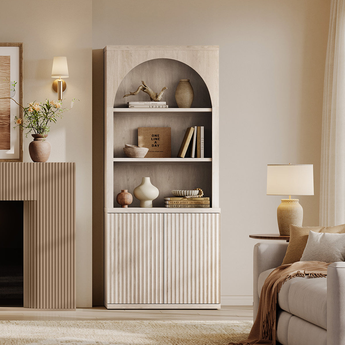 Stria Arched Bookcase with Fluted Cabinet Doors
