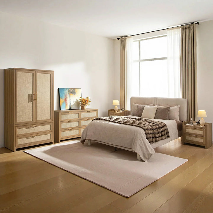SICOTAS Modern 4 Piece Bedroom Sets, Wardrobe with Drawer and Doors, Rattan 6-Drawer Dresser and 2-Drawer Nightstand Sets with Charging Station SICOTAS Modern 4 Piece Bedroom Sets, Wardrobe with Drawer and Doors, Rattan 6-Drawer Dresser and 2-Drawer Nightstand Sets with Charging Station