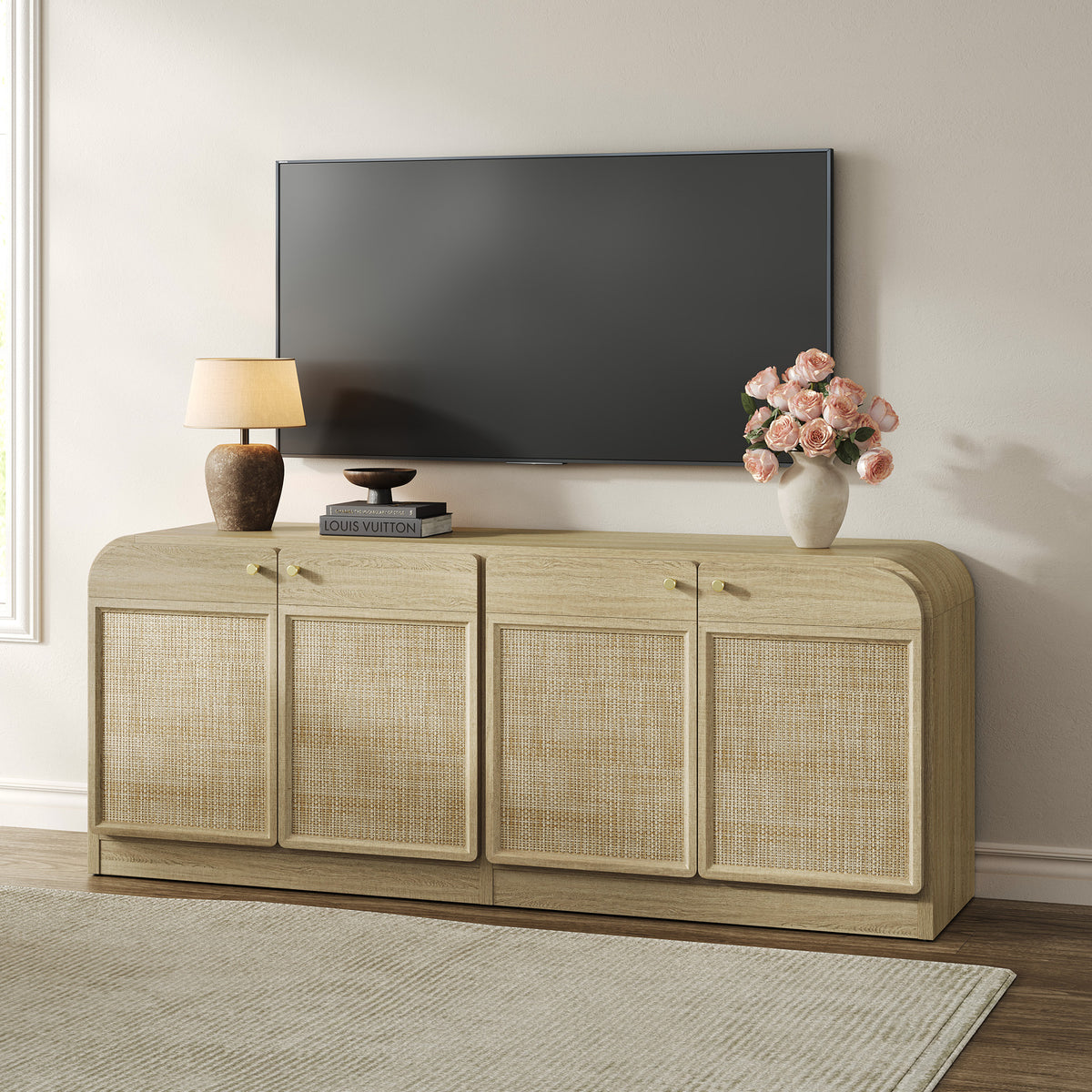 Crescent Rattan TV Stand with 4 Doors