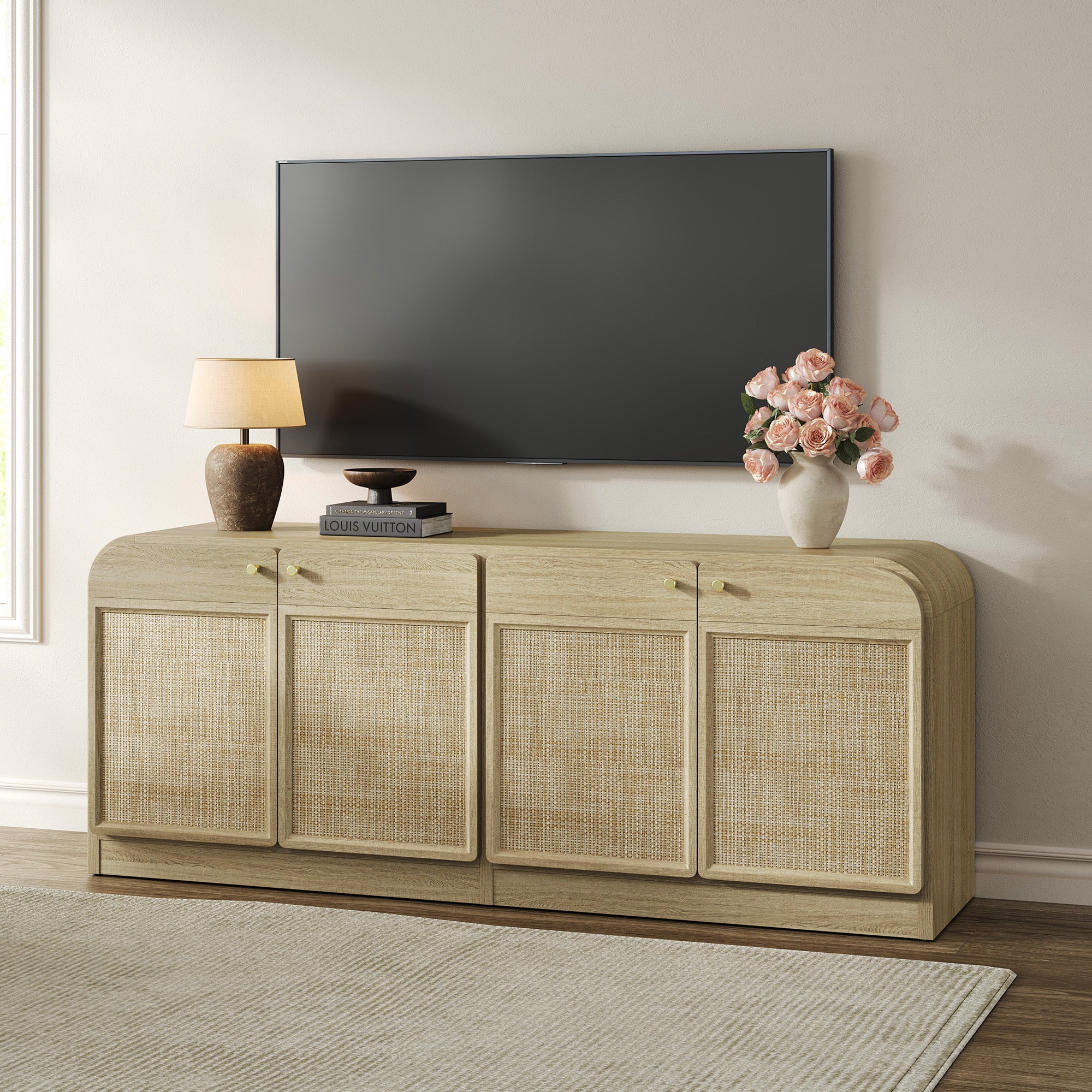 Crescent Rattan TV Stand with 4 Doors