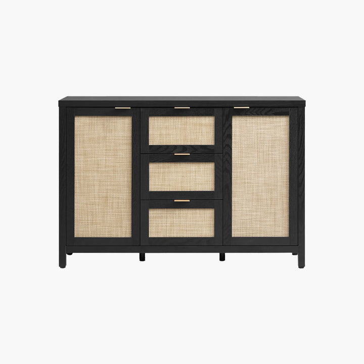 Modern black wood and rattan sideboard with gold handles on white background