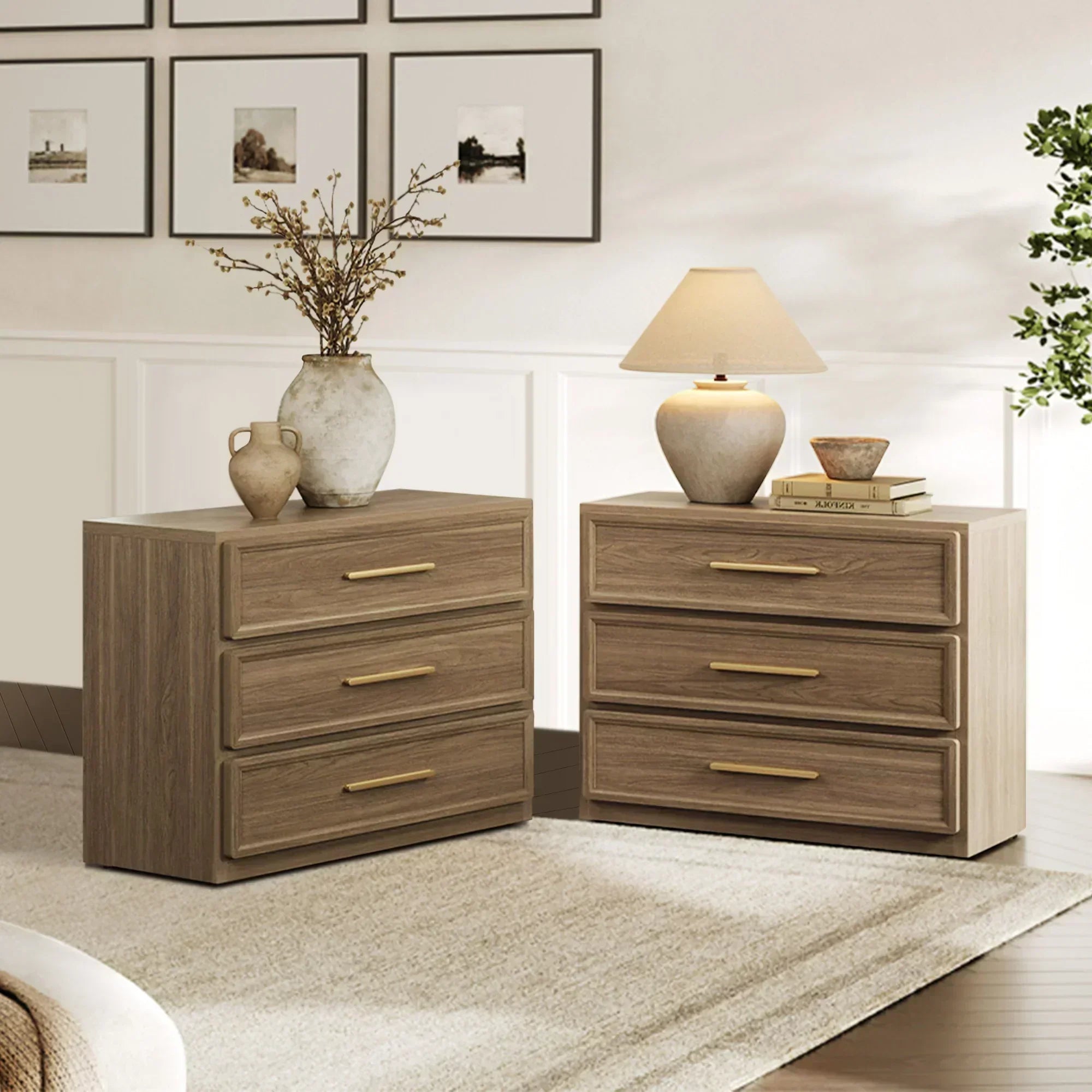 Modern oak dressers with gold handles in a cozy living room, decorated with ceramic vases and lamp.