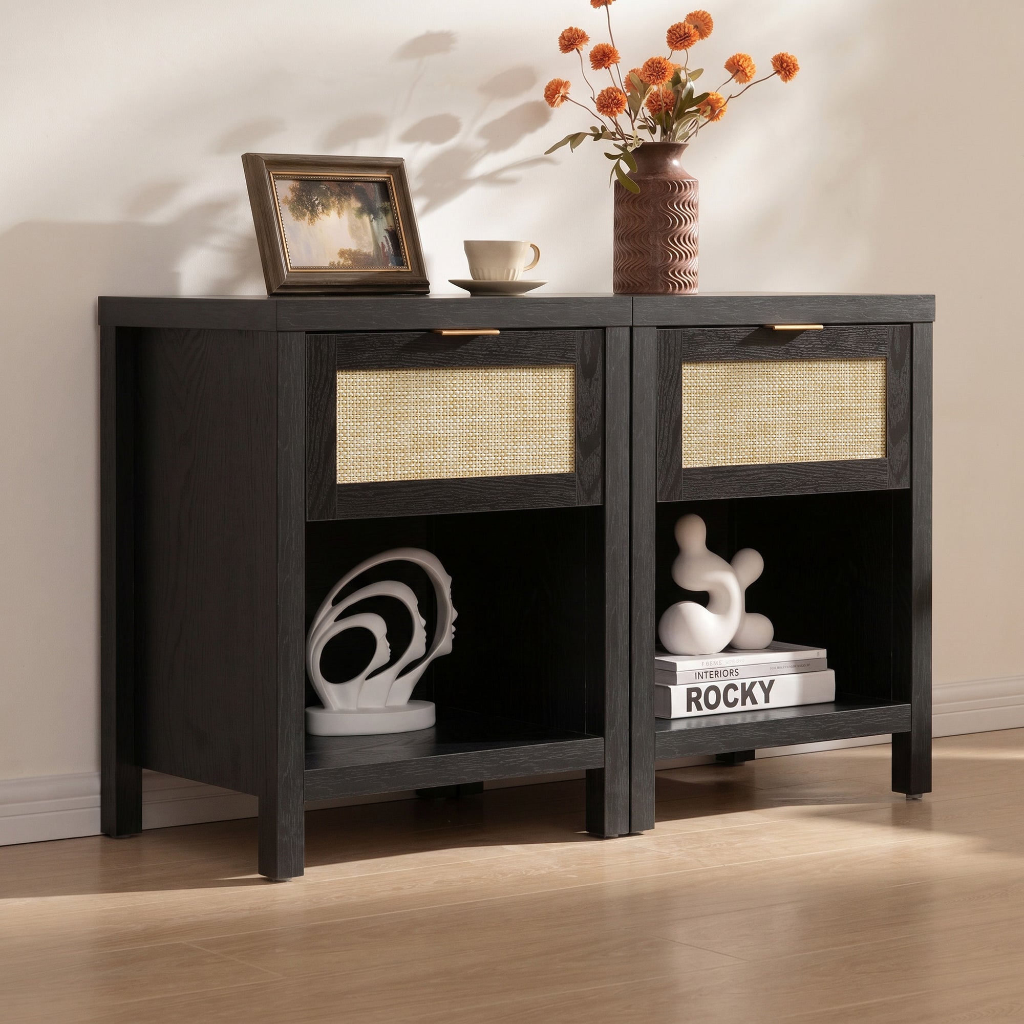 Surmoby Rattan Nightstand Set of 2,Farmhouse Bedside Tables Night Stands with Drawer and Storage Shelf,Boho Side Tables for Living Room,Bedroom WM