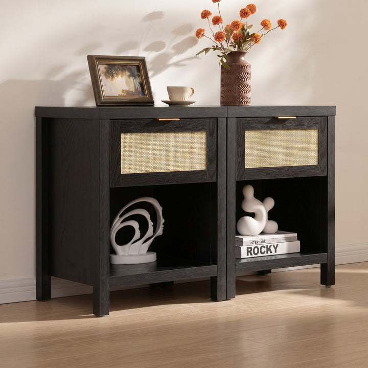 Surmoby Rattan Nightstand Set of 2,Farmhouse Bedside Tables Night Stands with Drawer and Storage Shelf,Boho Side Tables for Living Room,Bedroom WM