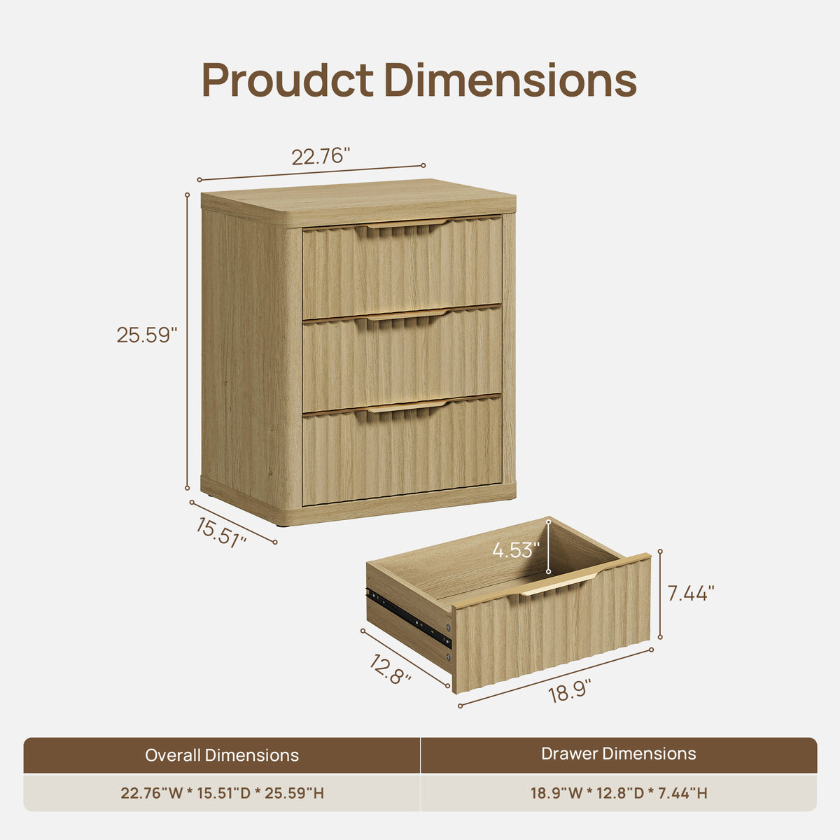 Cas 3 Drawers Nightstand with Golden Handle