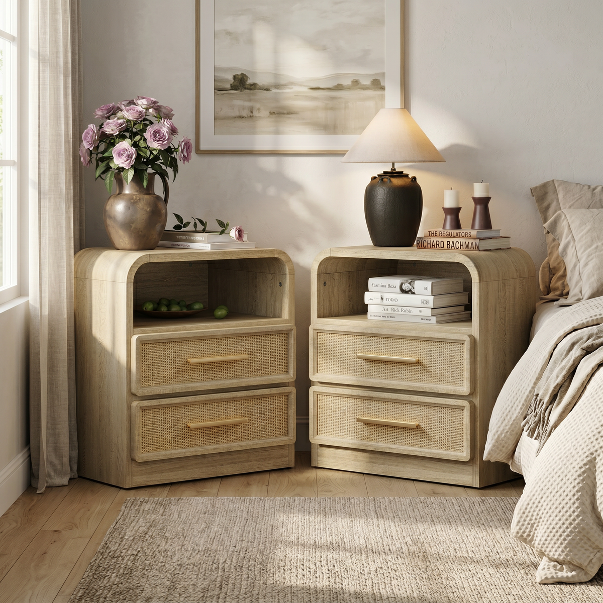Crescent Rattan Nightstand with 2 Drawers, 25Inch Wide