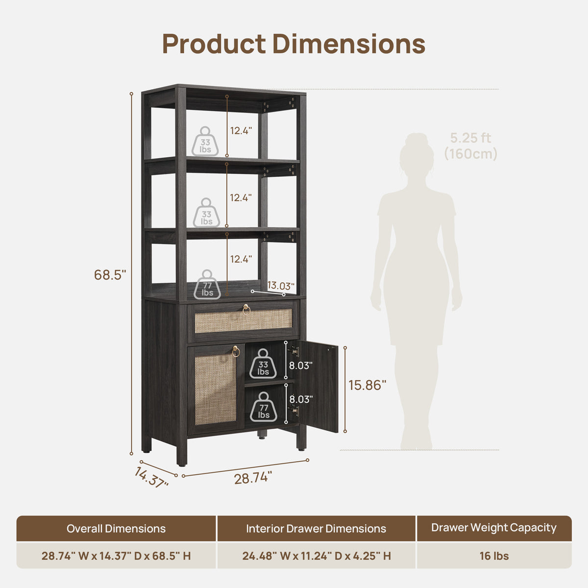 Terra Black Rattan Bookshelf, Large Storage