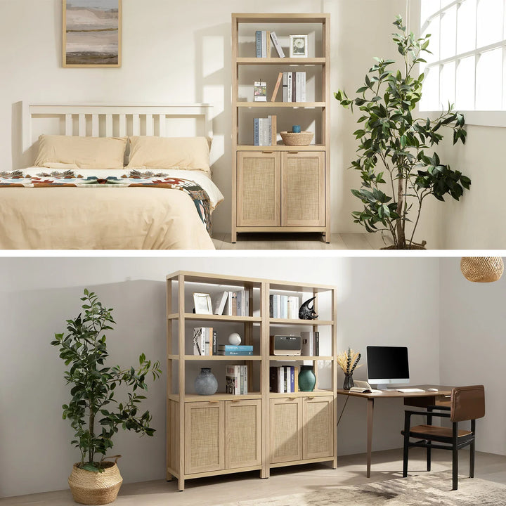 Modern bedroom and home office with natural wood rattan furniture, bookshelves, and plants