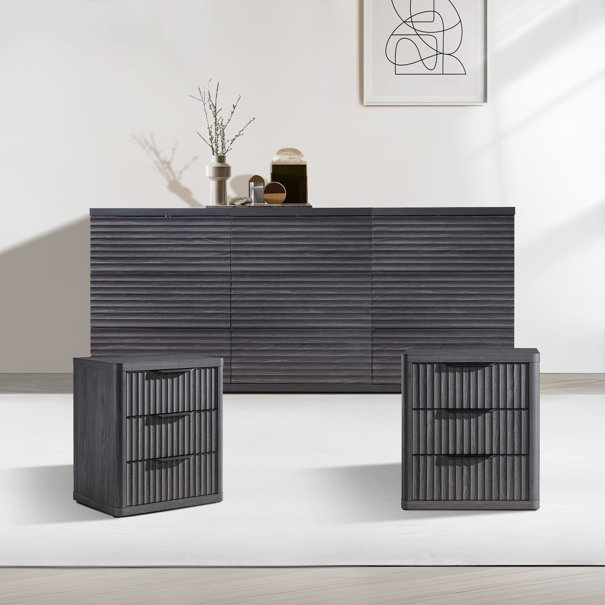 Stria 9-Drawer Dresser and Cas 3-Drawer Nightstand Set
