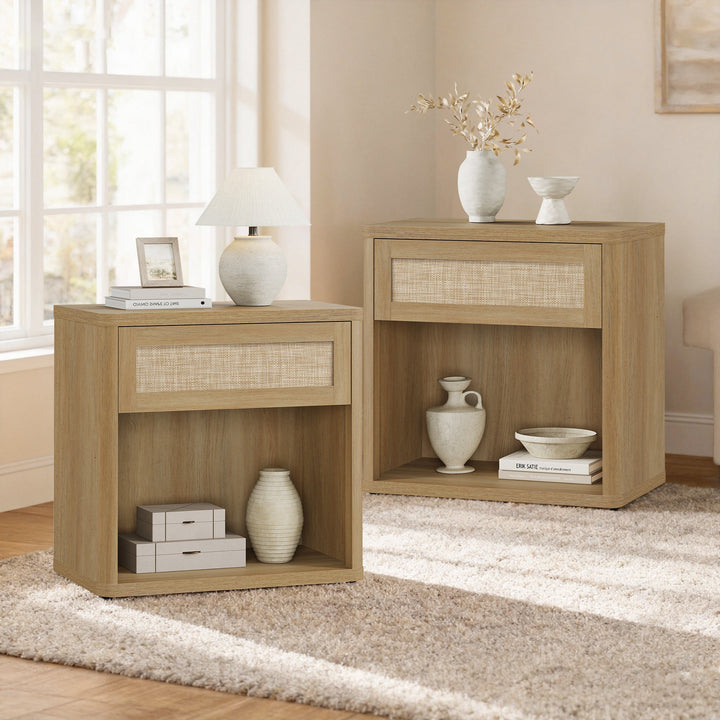 Zura Rattan Nightstand with Drawer, Set of 2