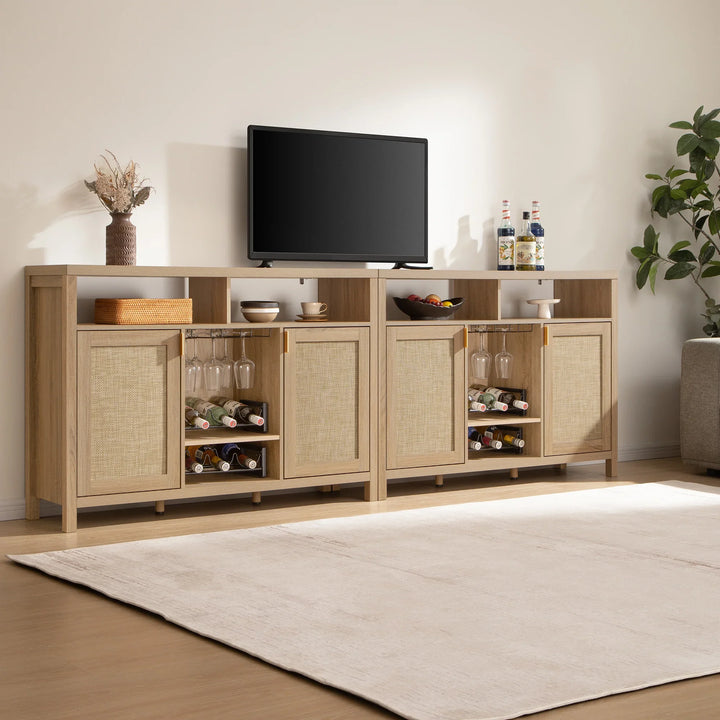 Modern wooden sideboard with rattan doors, TV, barware, and decor in a bright living room
