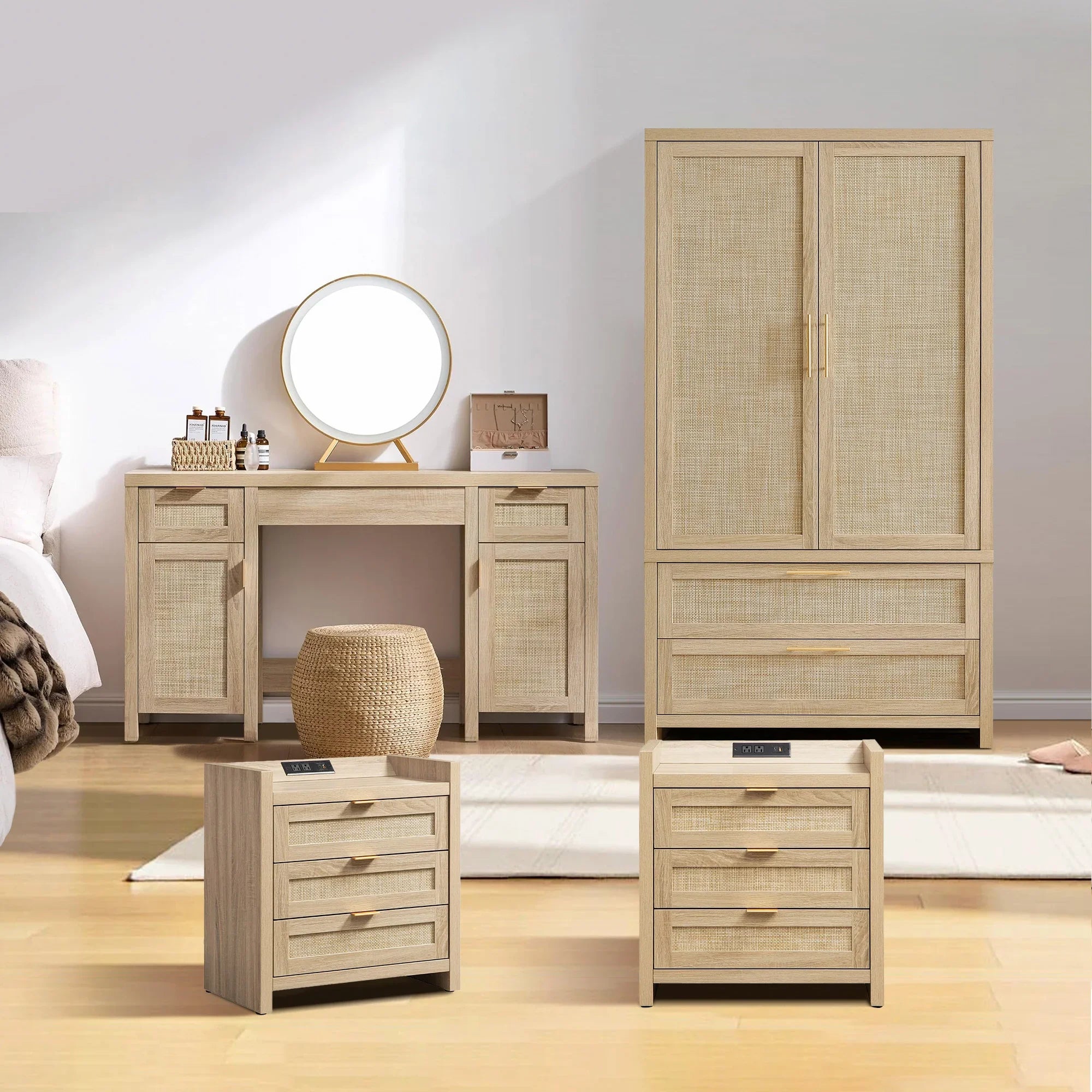 Savanna Vanity Table, Wardrobe and 3-Drawer Nightstand Set