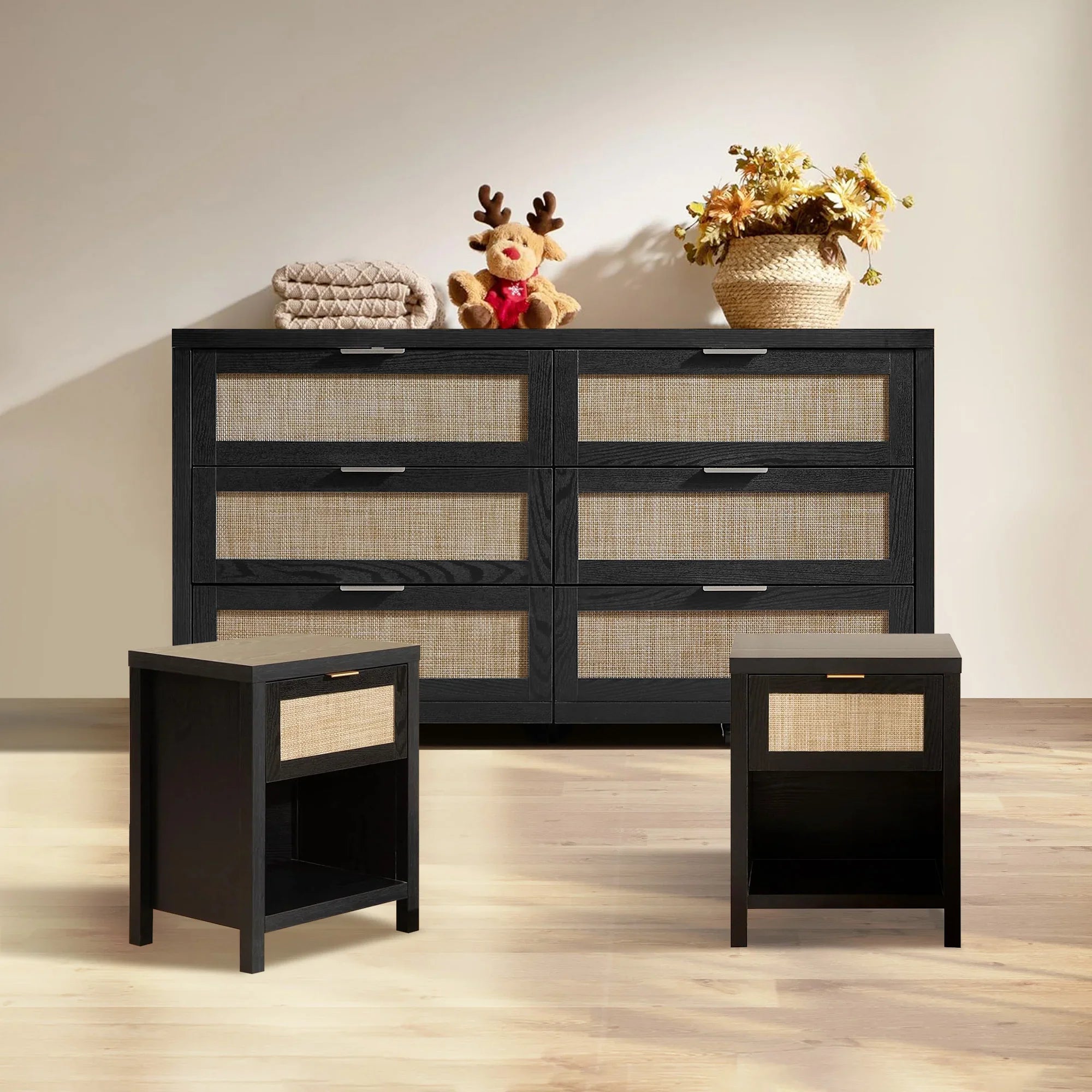 SICOTAS 3 Piece Bedroom Sets Dresser and Nightstand Set, Black Oak Modern Farmhouse Rattan 6-Drawer Dresser and 1-Drawer Nightstand SICOTAS 3 Piece Bedroom Sets Dresser and Nightstand Set, Black Oak Modern Farmhouse Rattan 6-Drawer Dresser and 1-Drawer Nightstand