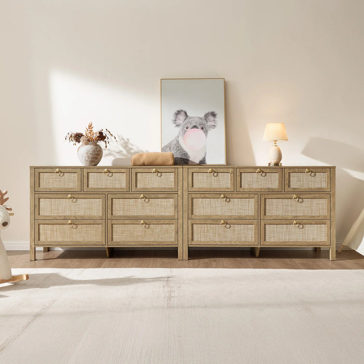 SICOTAS 3 Piece Bedroom Sets Dresser and Nightstand Set, White Oak Farmhouse Rattan Modern 7-Drawer Dresser and 3-Drawer Nightstand