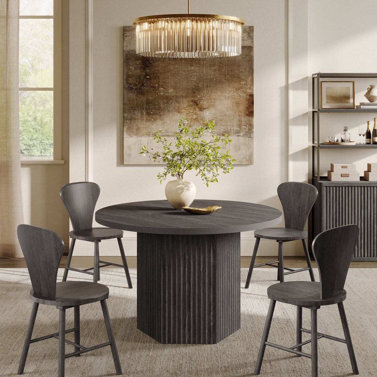 Cas Dining Table and Chairs Set for 6, Solid Wood - Dark Grey Alder - 1 Table & 6 Chairs