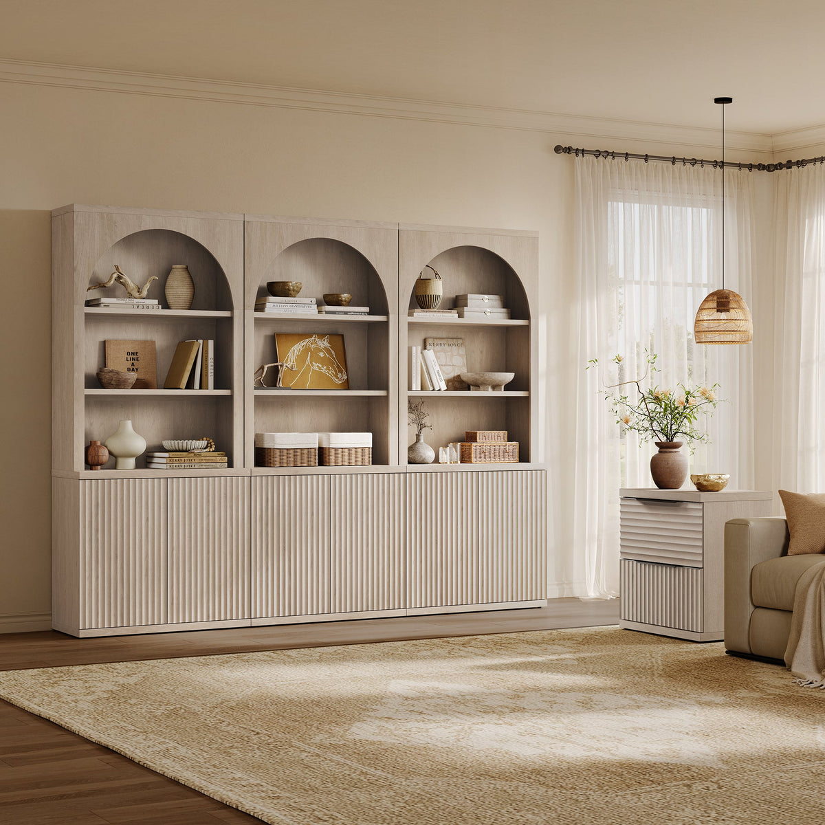 Stria Arched Bookcase with Fluted Cabinet Doors, Set of 3