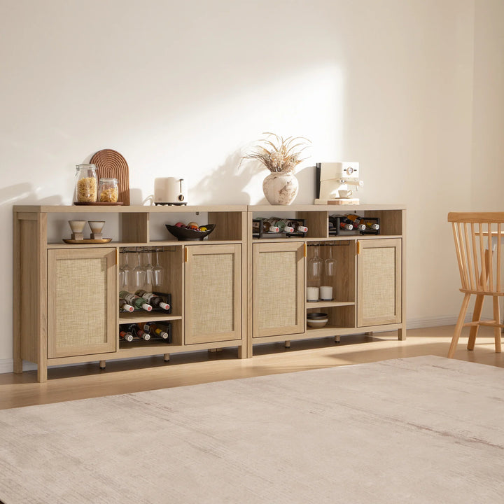 Modern light wood sideboard with rattan doors, wine storage, decor and kitchen appliances in a bright dining room