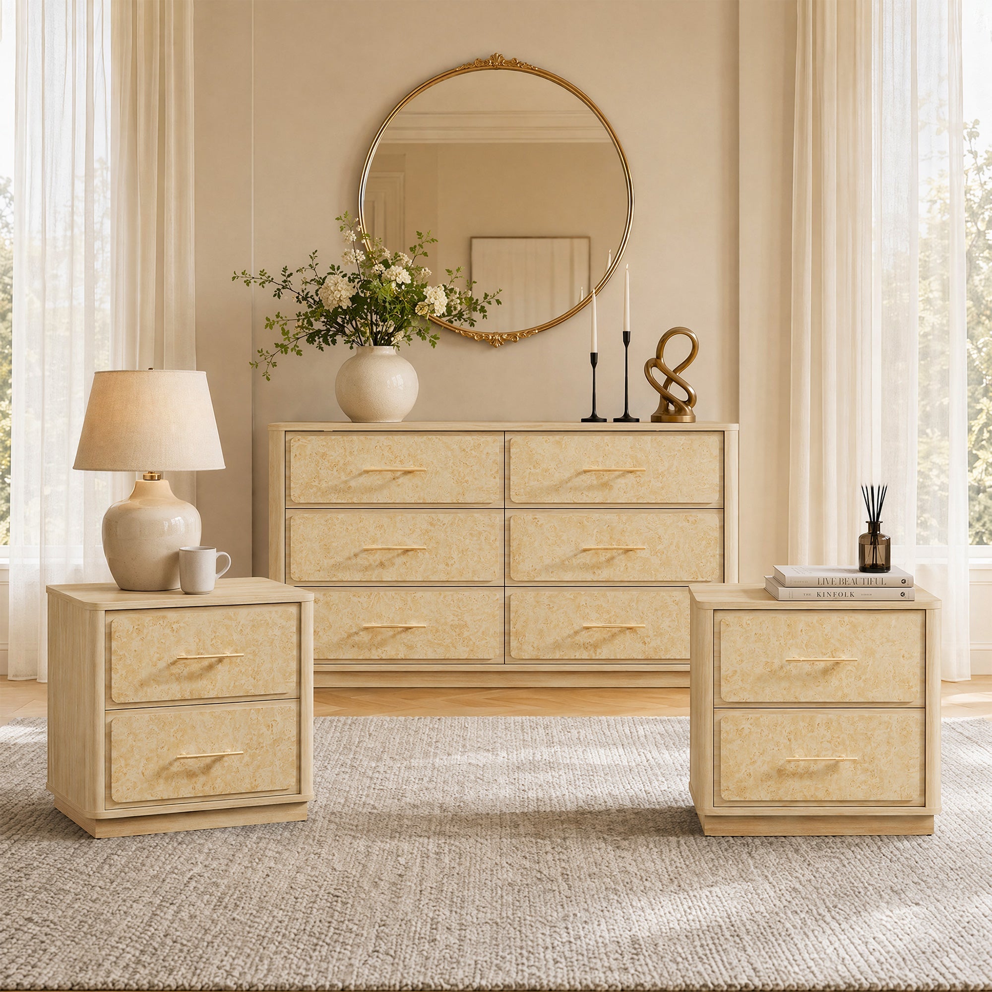 Burluxe Luxury Modern Dresser and Nightstands Sets - Light Burl Wood - 1 Set