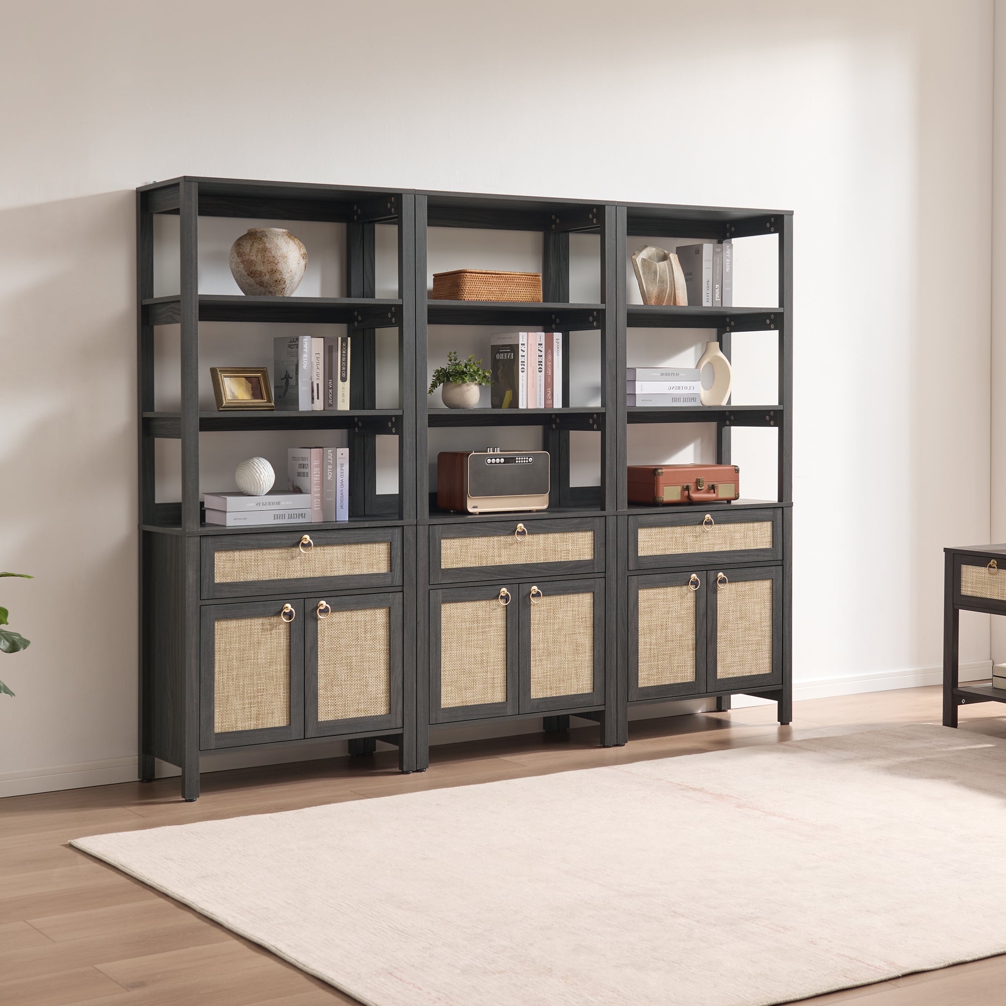 Terra Black Rattan Bookshelf, Large Storage