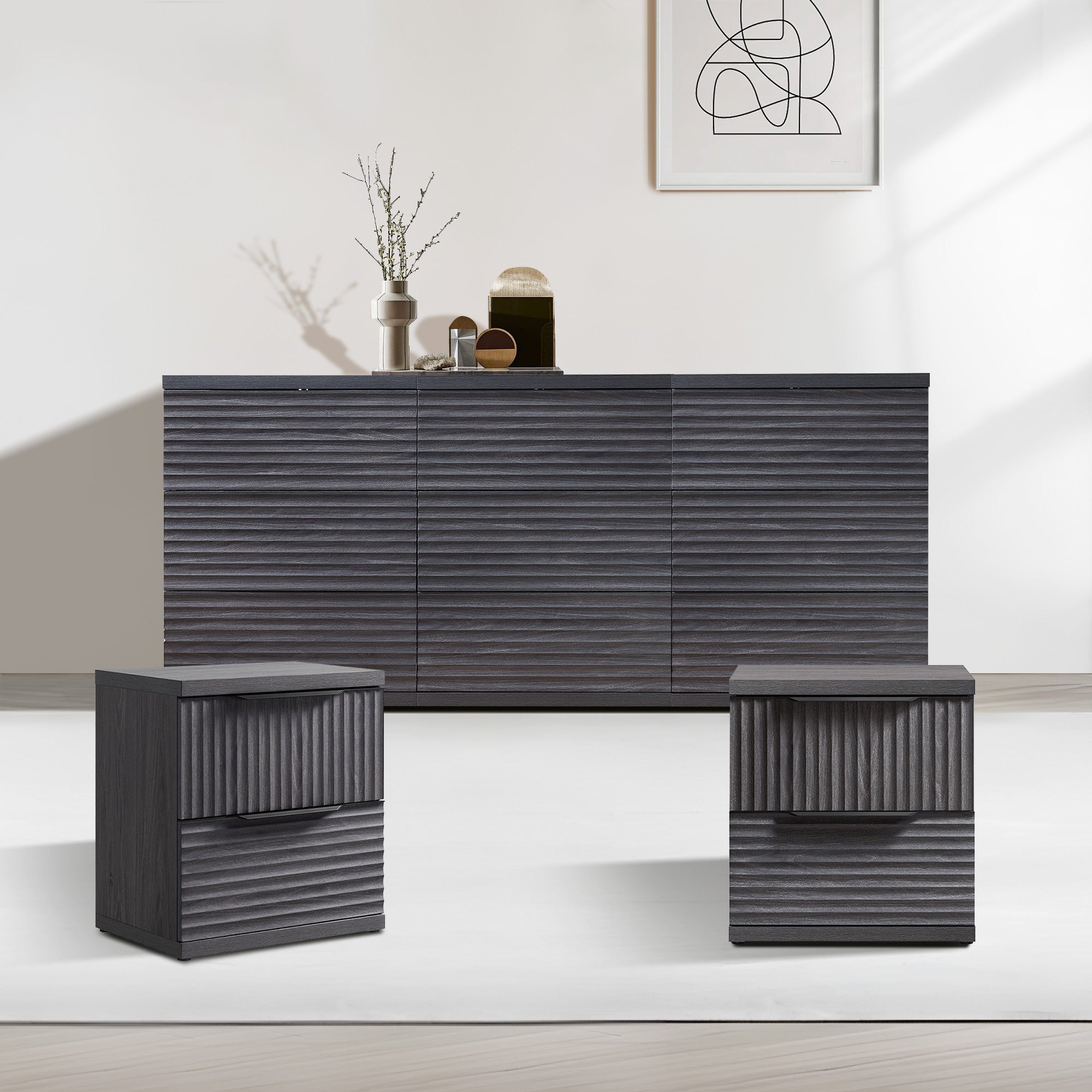 Stria Dresser and Nightstands Set, Large Storage