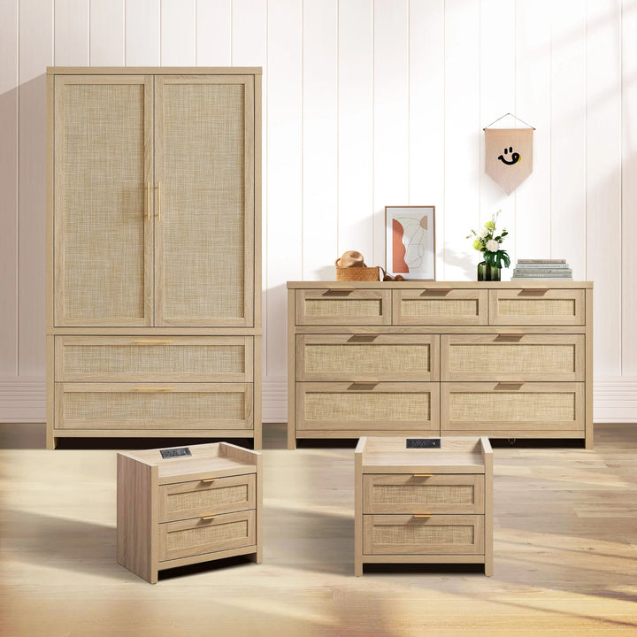 dresser nightstand set 3pcs Farmhouse Bedroom Set,White Wood Of 2 With Charging Station And 9-Drawer For Bedroom , Living Room, Hallway,Dining Room The rich wood grain detailing adds texture and depth Furniture of America Forma Mid-Century
