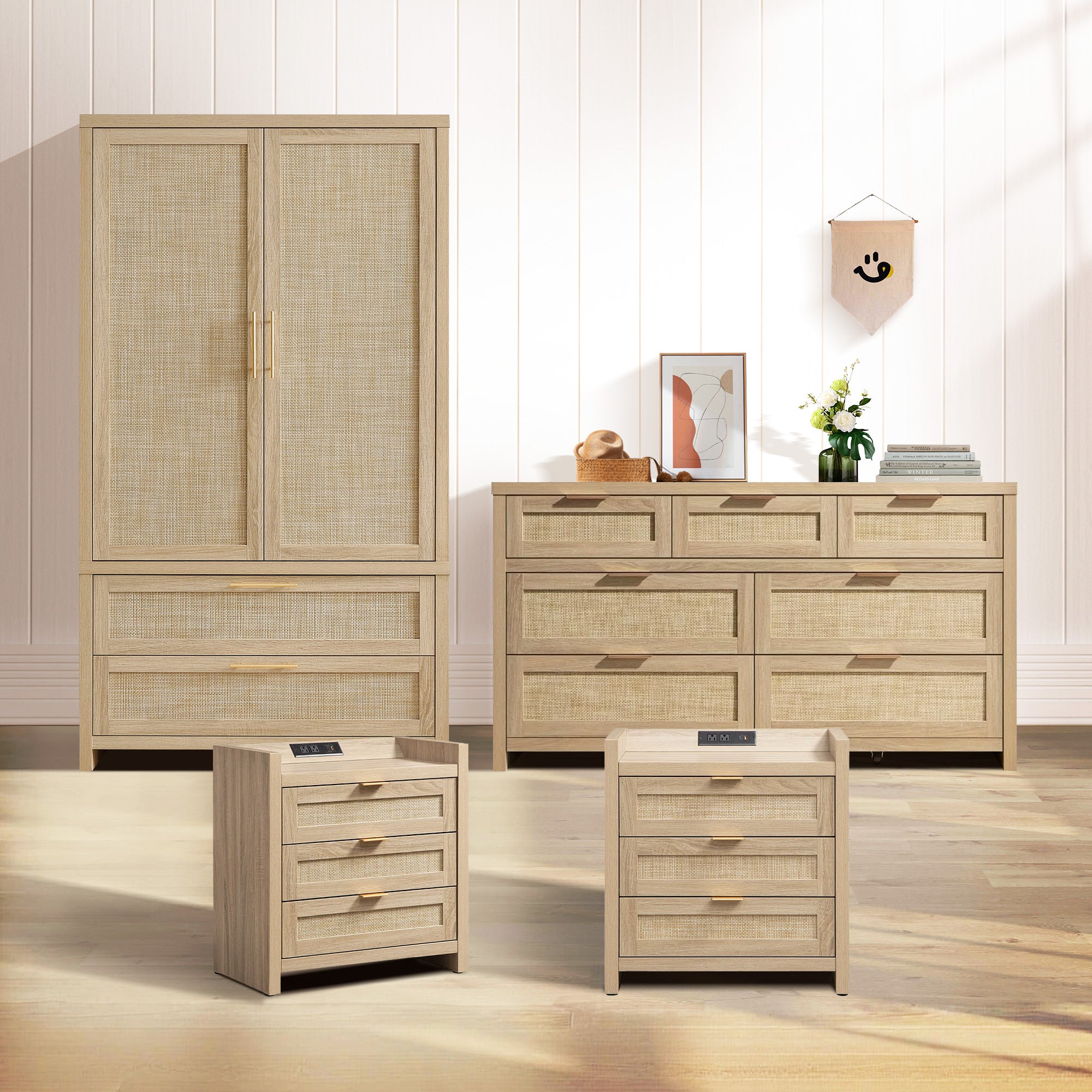 SICOTAS 4 Piece Bedroom Sets, Wardrobe, 7-Drawer Dresser and Nightstand with Drawer, Modern Bedroom Sets with Storage and Charging Station