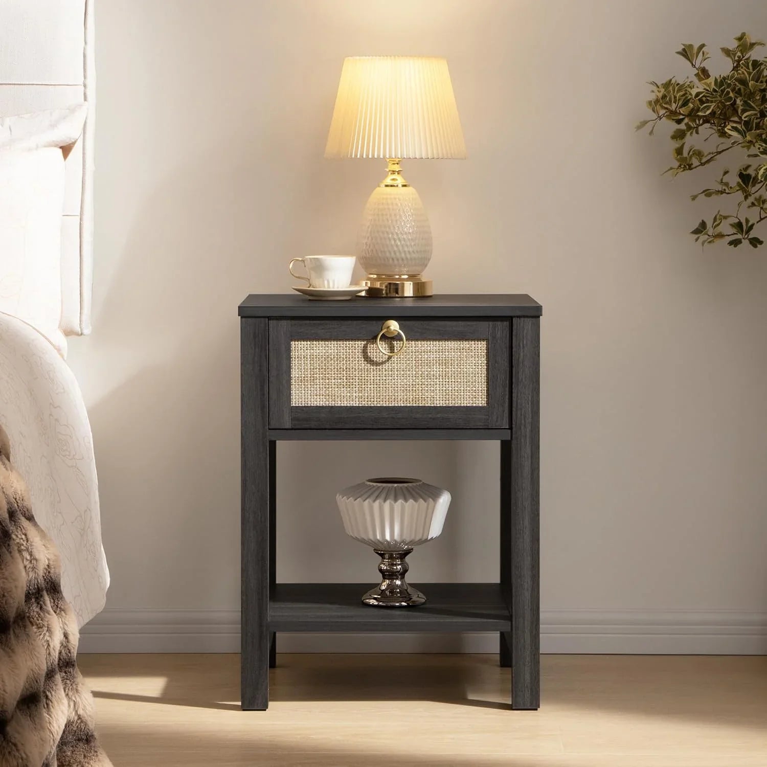 Terra Black Rattan Nightstand