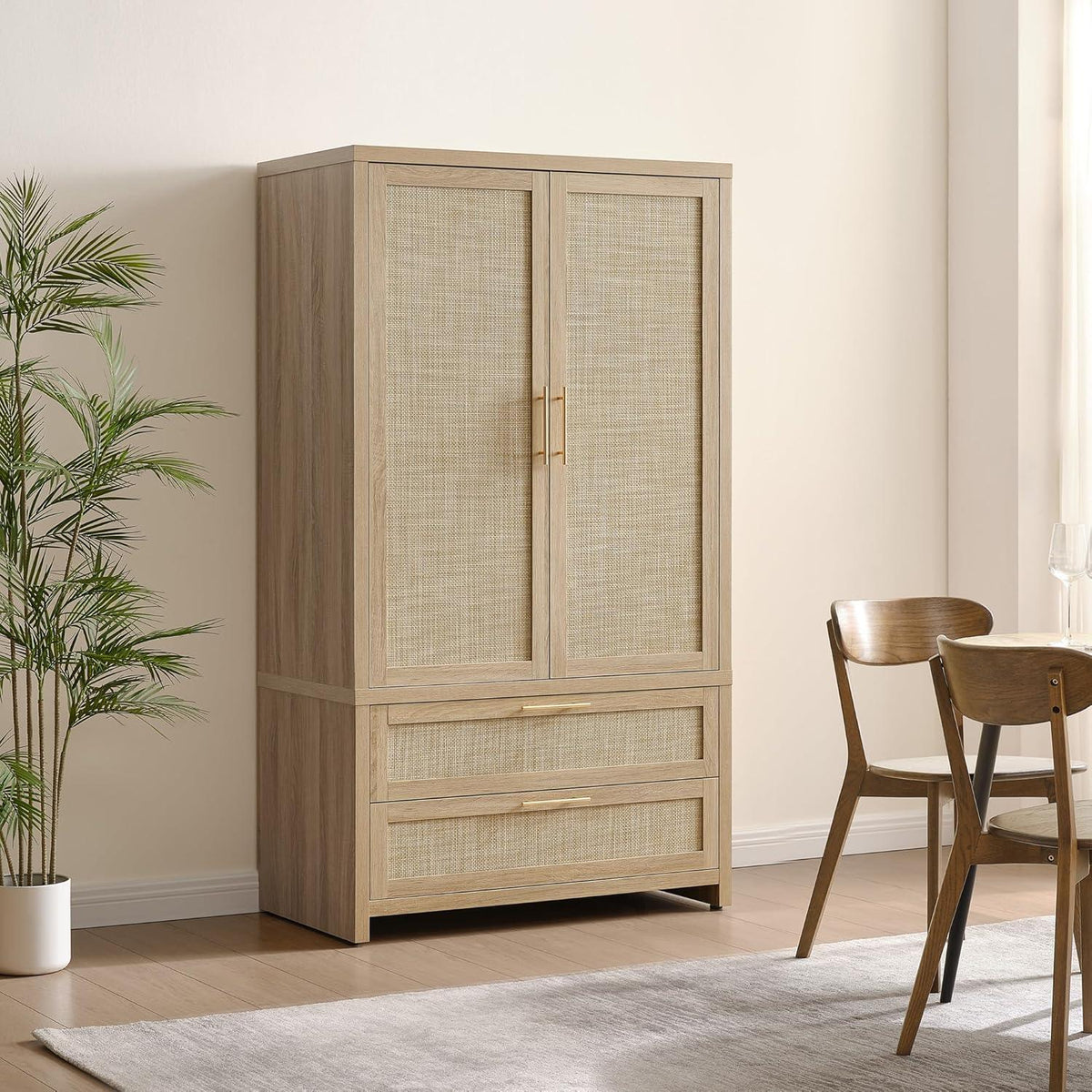 Savanna Rattan Wardrobe, 2 Drawers - 3 Pieces - Reclaimed Light Oak