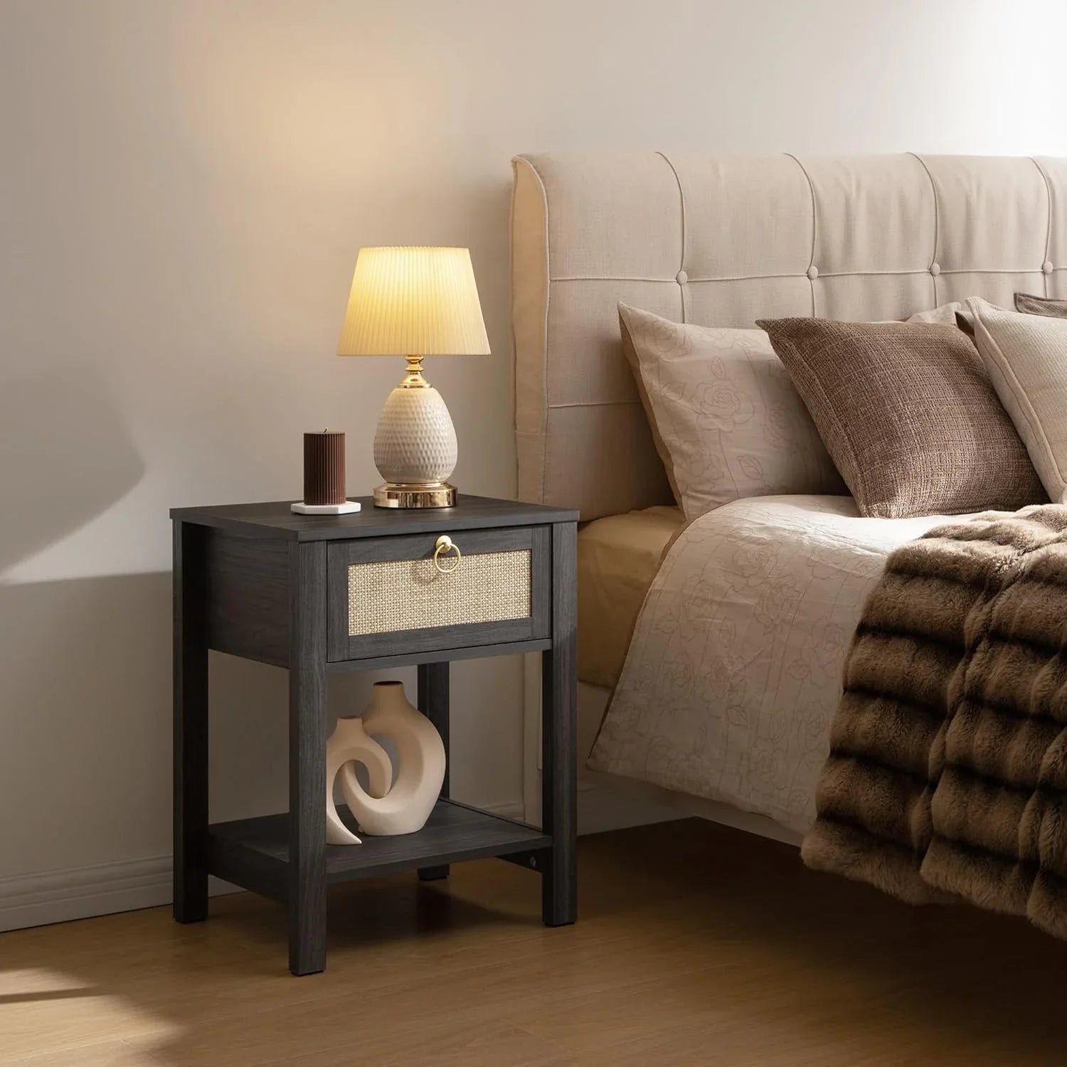 Terra Black Rattan Nightstand - 1 Piece - Carbon Cherry